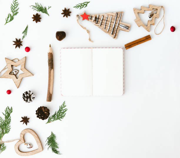 istock Christmas composition. Flat lay with decorations and notebook. Wish list or goals concept 876289438