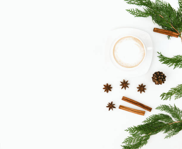 istock Christmas flat lay composition with cup of coffee over white background 876289452