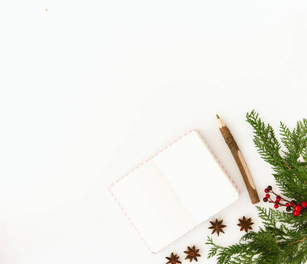 istock Creative composition of notebook with fir tree on white table top view. Planning concept. Christmas background. Flat lay. Copy space 876289518