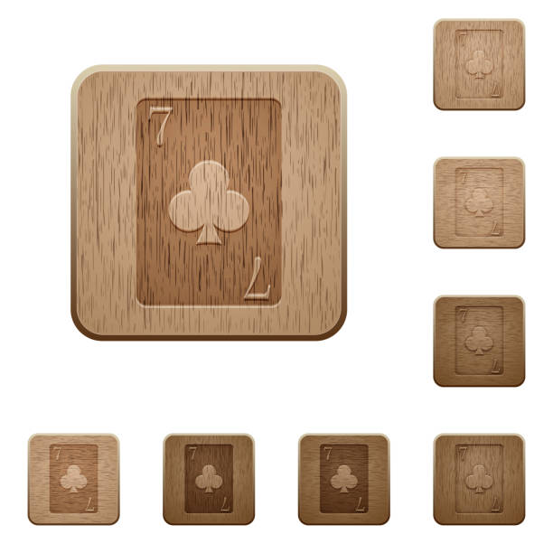 ilustrações de stock, clip art, desenhos animados e ícones de seven of clubs card wooden buttons - rummy leisure games number color image