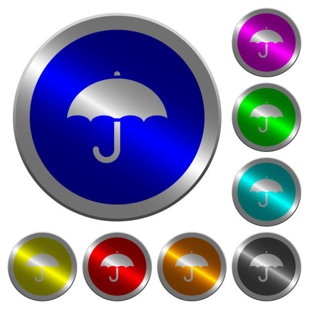 Umbrella luminous coin-like round color buttons Umbrella icons on round luminous coin-like color steel buttons aegis stock illustrations