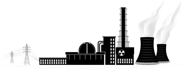 Nuclear power plant silhouette. Non-renewable energy source isolated on white background. Black and white. Nuclear power plant silhouette. Non-renewable energy source isolated on white background. Black and white nonrenewable resources stock illustrations