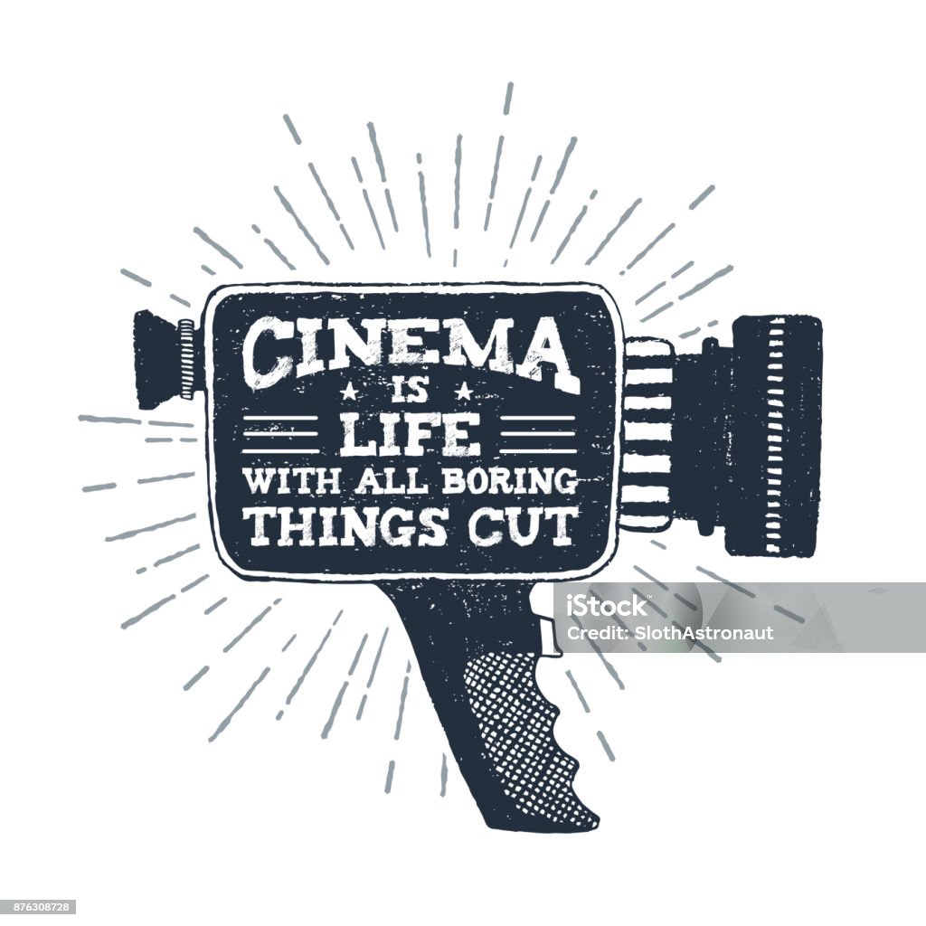 Hand drawn retro camcorder vector illustration. Hand drawn 90s themed badge with camcorder vector illustration and "Cinema is life with all boring things cut out" ironic lettering. Movie Camera stock vector