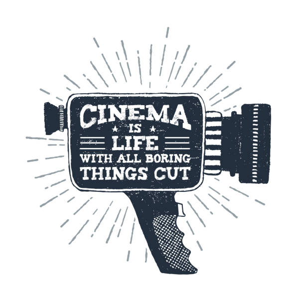 Hand drawn retro camcorder vector illustration. Hand drawn 90s themed badge with camcorder vector illustration and "Cinema is life with all boring things cut out" ironic lettering. vintage video camera stock illustrations