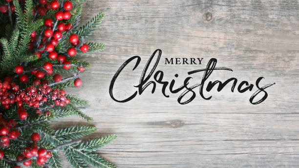 Merry Christmas Text with Holiday Evergreen Branches and Berries Over Rustic Wooden Background Merry Christmas Text with Holiday Evergreen Branches and Berries in Corner Over Rustic Wooden Background berry photos stock pictures, royalty-free photos & images