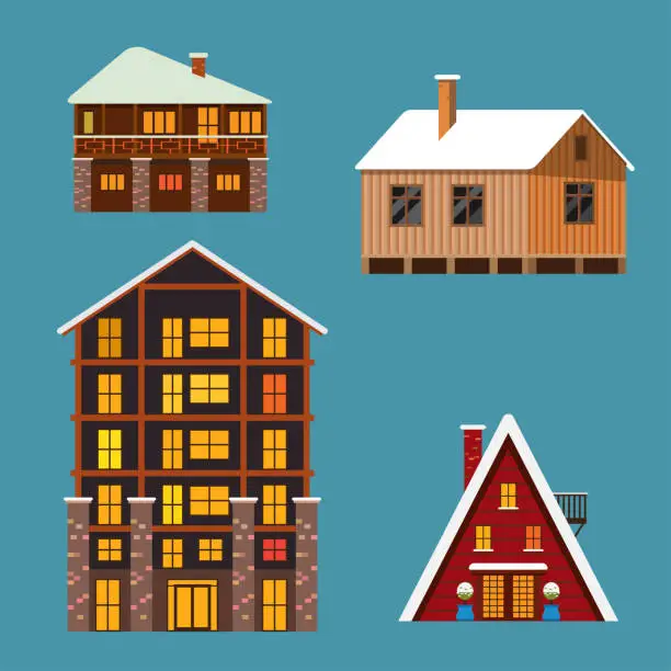 Vector illustration of Set of different winter wodden und brick houses and hotels.
