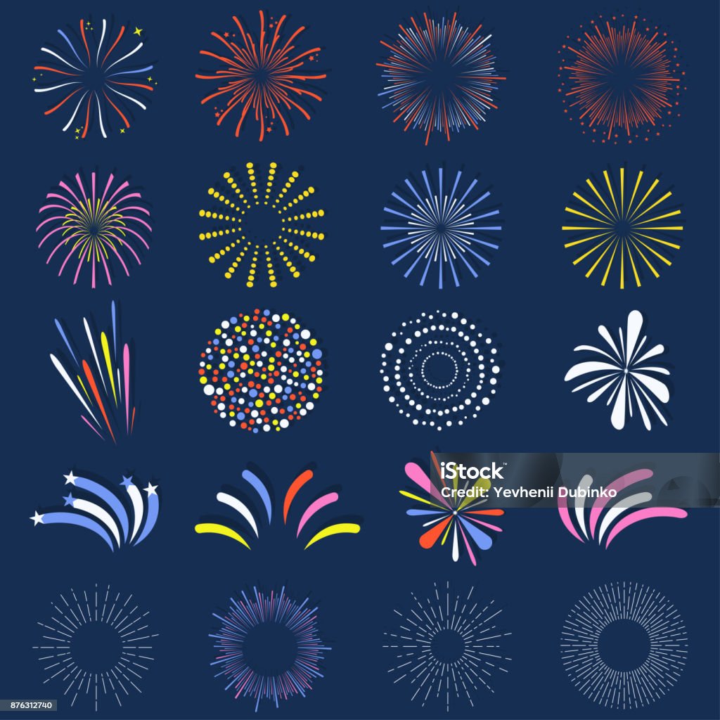 Satz von isolierten Feuerwerk. Hell, bunt und monochrome Feier Feuerwerk Kugeln - Lizenzfrei Knallkörper Vektorgrafik