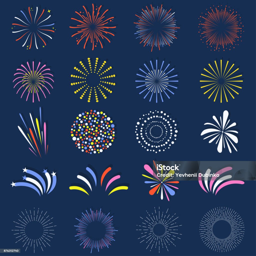 Set di fuochi d'artificio isolati. Palle pirotecno brightly, colorate e monocromarie celebrazione - arte vettoriale royalty-free di Petardo