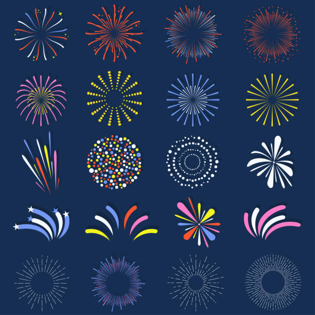 Set of isolated fireworks. Brightly, colorful and monochrome celebration firework balls Set of isolated fireworks. Brightly, colorful and monochrome celebration firework balls. Vector fireworks and sparklers stock illustrations