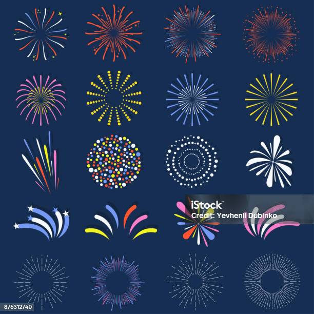 Set Of Isolated Fireworks Brightly Colorful And Monochrome Celebration Firework Balls Stock Illustration - Download Image Now