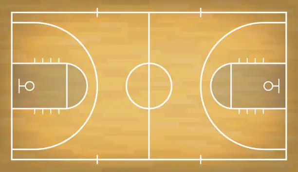 Vector illustration of Basketball court with wooden floor. View from above