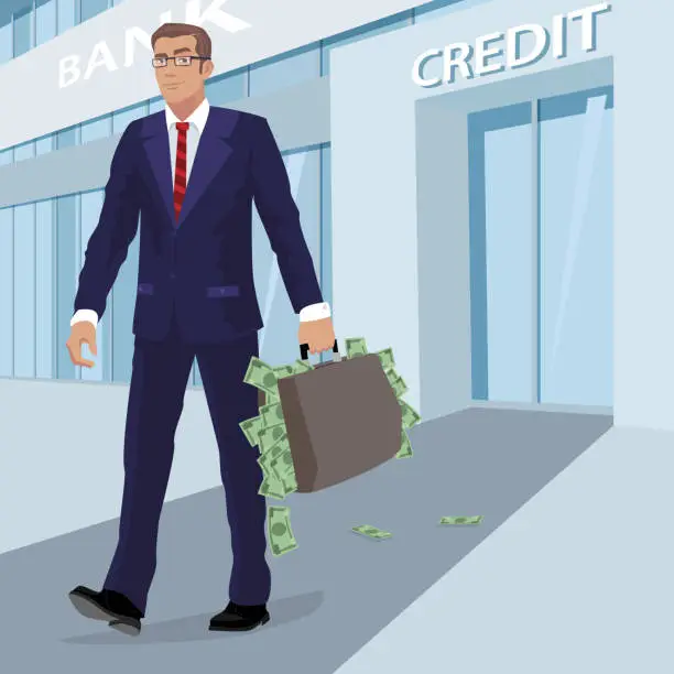 Vector illustration of Businessman leaves bank with briefcase of cash