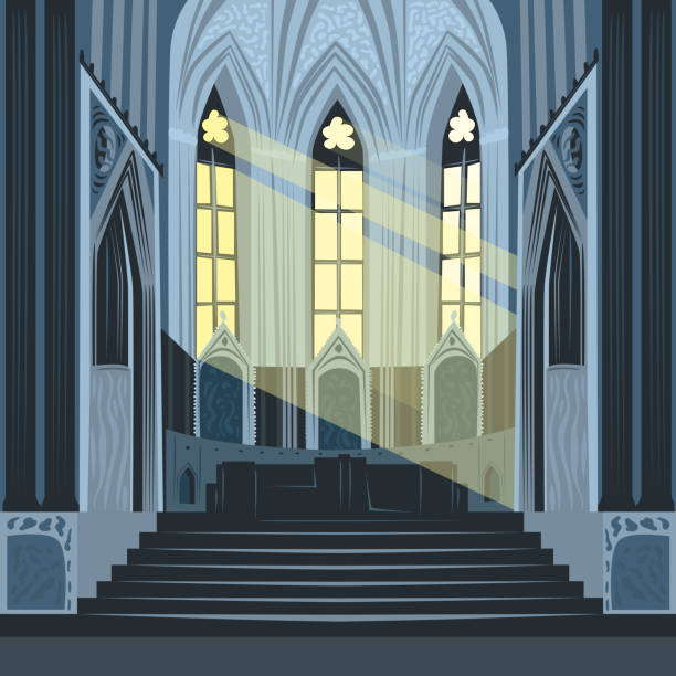 ilustrações de stock, clip art, desenhos animados e ícones de sun rays inside cathedral church or basilica - church gothic style cathedral dark