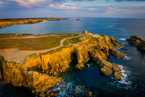 Drone view of Quiberon in France at sunset
