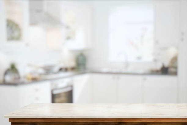 istock Empty marble table counter and kitchen background. for product display montage. 876338750