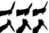Silhouettes of killing knife in hand, isolated. Vector set