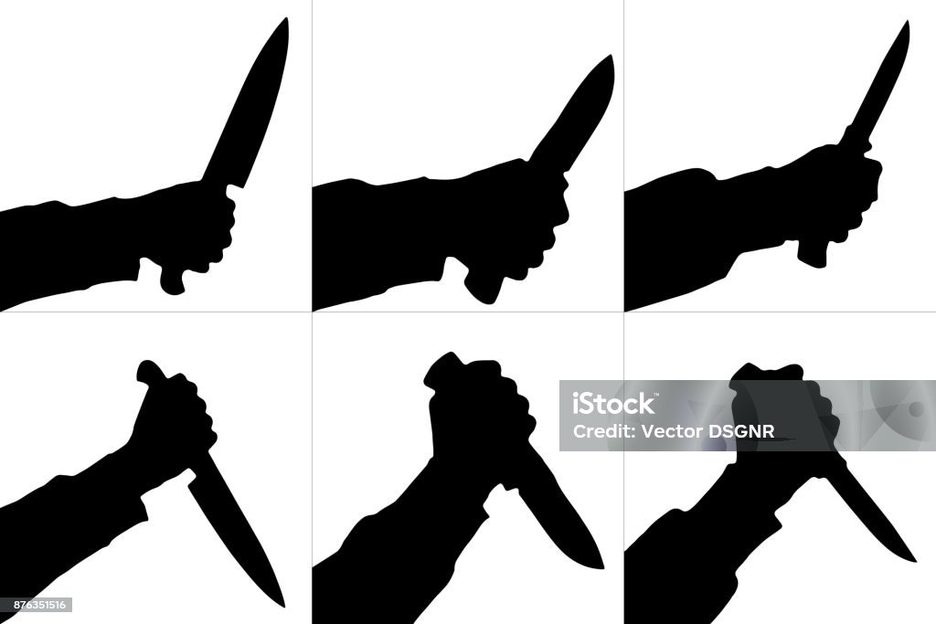 Silhouettes of killing knife in hand, isolated. Vector set Silhouettes of killing knife in hand, isolated. Vector set. Knife - Weapon stock vector