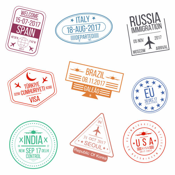 zestaw znaczków paszportowych wizowych. przybysze zagraniczni podpisują gumowe znaczki - passport stamp passport rubber stamp travel stock illustrations