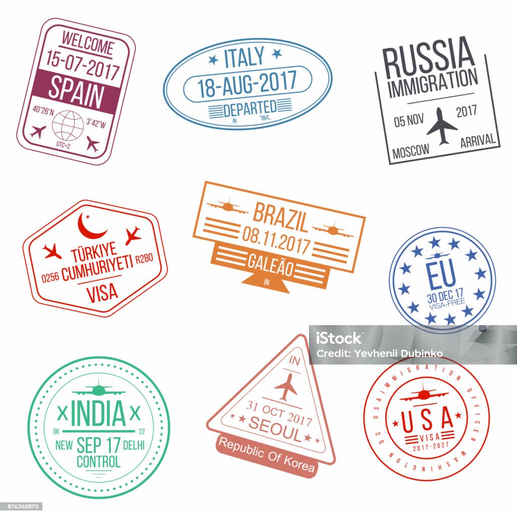 Set of visa passport stamps. International arrivals sign rubber stamps Set of visa passport stamps. International arrivals sign rubber stamps. Vector Rubber Stamp stock vector