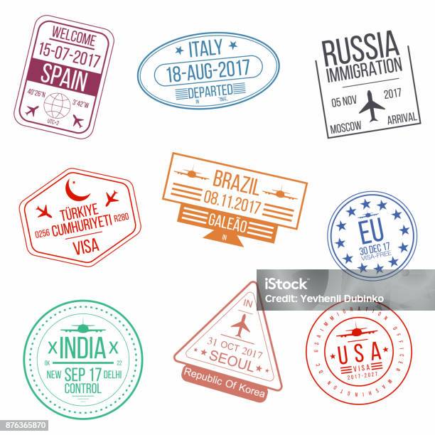 Set Of Visa Passport Stamps International Arrivals Sign Rubber Stamps Stock Illustration - Download Image Now