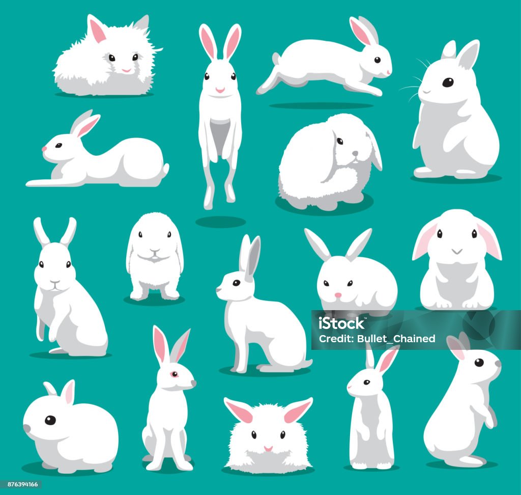 Carino coniglio bianco posa illustrazione vettoriale cartone animato - arte vettoriale royalty-free di Coniglio - Animale