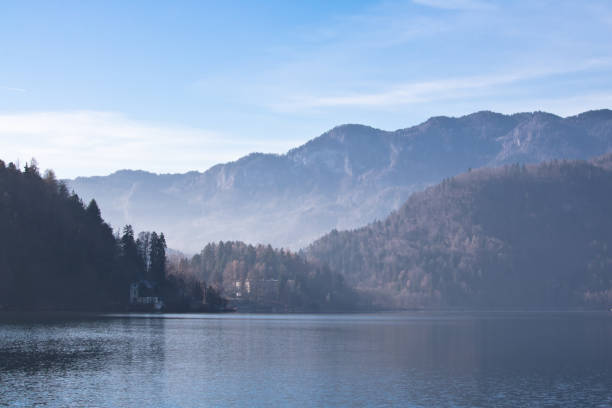 besichtigung der wunderschönen landschaft malerische aussicht auf see bled julischen alpen im sonnigen blauen himmel hintergrundbeleuchtung im kalten winter mit reflexion über wasser und pinien umgeben, bled, slowenien - julian alps mountain lake reflection stock-fotos und bilder