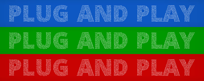 Plug-And-Play Circuit Board Color Vector Backgrounds. The letters are composed of circuit board line pattern with small circular buttons at the end of each wired connection. The circuit board pattern is white in color and is placed against a blue, red and green background with a slight gradient. There are three color variations in this image.