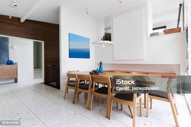 Beautiful Scandinavian Style Interior Dining Room In Mid Century Modern Australian Home Stock Photo - Download Image Now