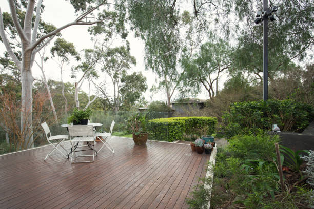Deck patio amongst native Australian landscaping and gum trees