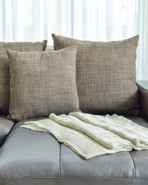 istock grey leather sofa with texture brown pillows in modern living ro 876427458