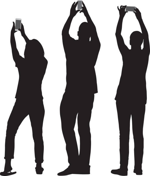 illustrazioni stock, clip art, cartoni animati e icone di tendenza di tre persone che scattano foto con smartphone - woman with arms raised back view