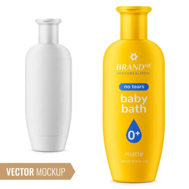 Vector illustration of Matte plastic bottle for baby shampoo, shower gel, lotion, body milk, bath foam.