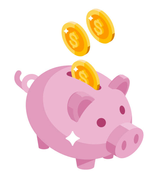 Isometric piggy bank. Coin drop in bank. piggy bank illustrations stock illustrations