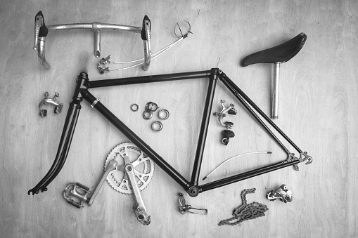Vintage bicycle parts in black and white tone