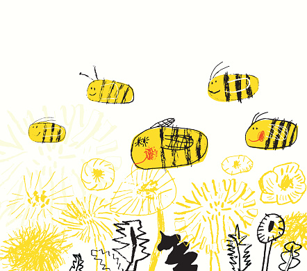 Vector illustration of hand drawn flowers and bees