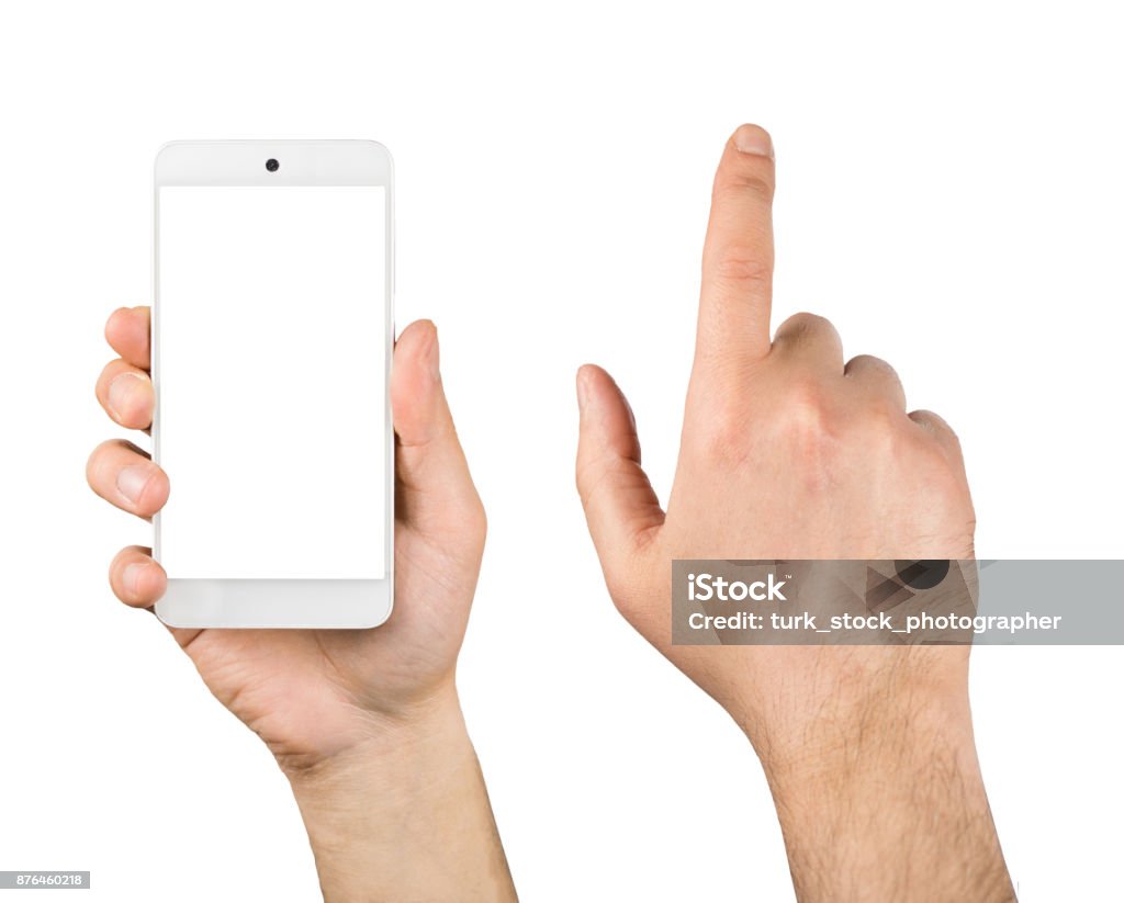 Hand holding Smartphone isolated on white background Men Stock Photo