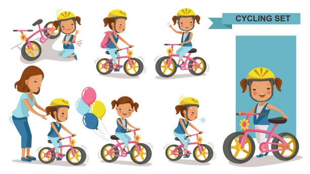 小さな女の子をサイクリング - family cartoon child little girls点のイラスト素材／クリップアート素材／マンガ素材／アイコン素材