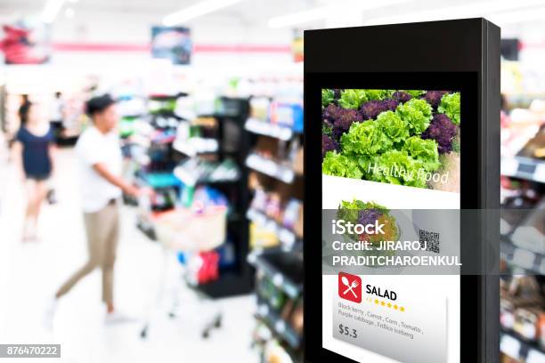 Intelligent Digital Signage Augmented Reality Marketing And Face Recognition Concept Interactive Artificial Intelligence Digital Advertisement In Retail Hypermarket Mall Stock Photo - Download Image Now