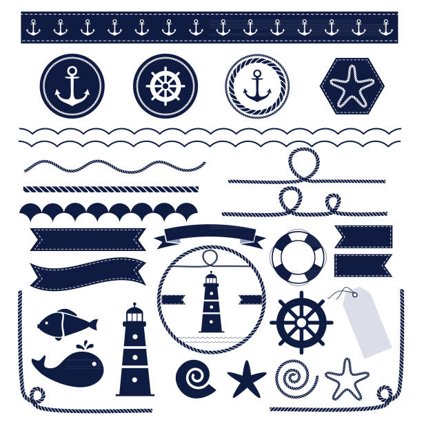 satz von meer und nautische elemente - nautical vessel yacht sign symbol stock-grafiken, -clipart, -cartoons und -symbole