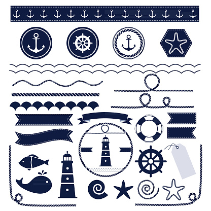 Set of sea and nautical elements isolated on white background. Vector illustration.