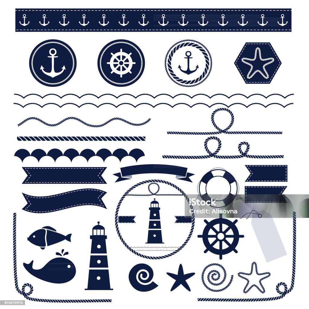 Set of sea and nautical elements Set of sea and nautical elements isolated on white background. Vector illustration. Nautical Style stock vector