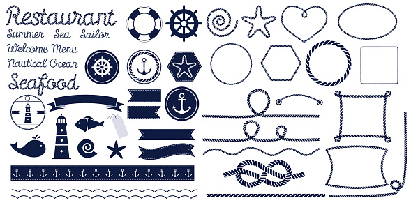 Rope knots. Marine rope knot. Set of nautical rope knots, corners and frames. Decorative elements in nautical style. Vector illustration.