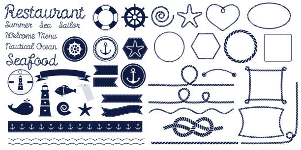 Rope knots. Marine rope knot Rope knots. Marine rope knot. Set of nautical rope knots, corners and frames. Decorative elements in nautical style. Vector illustration. boat stock illustrations