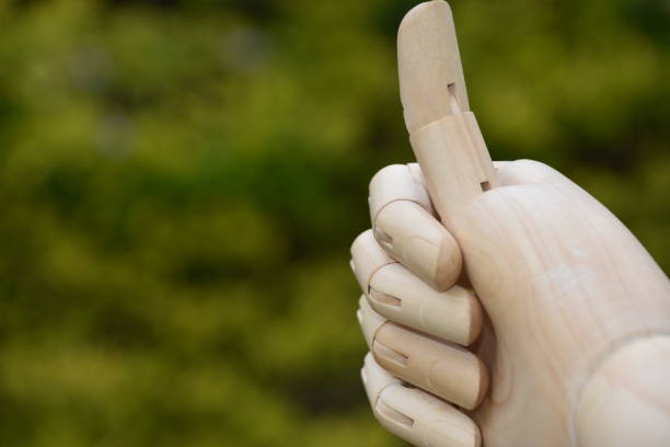 pollice in su con una mano artificiale - hand sign human hand ok sign grass foto e immagini stock