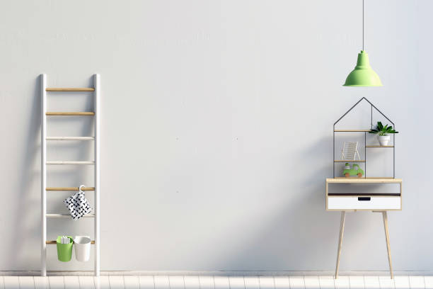istock modern interior with rack, plant and lamp. wall mock up, 3d illustration 876473346