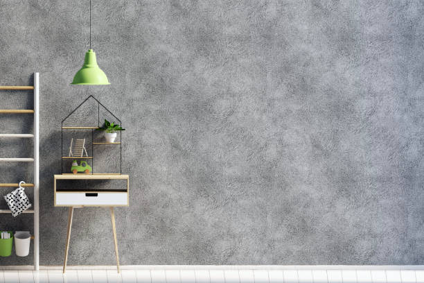 istock modern interior with rack, plant and lamp. wall mock up, 3d illustration 876473374