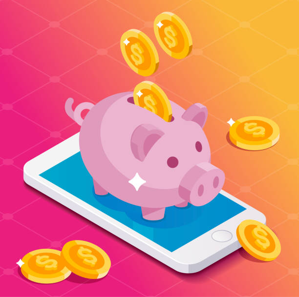smartphone geld zu verdienen mit schweinchen. - piggy bank savings wealth coin bank stock-grafiken, -clipart, -cartoons und -symbole