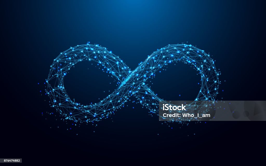 Infinity icon from lines and triangles, point connecting network on blue background. Illustration vector Infinity stock vector