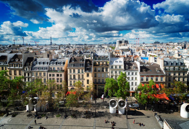 Square of Georges Pompidou, Paris Square of Georges Pompidou and cityscape of Paris France, retro toned pompidou center stock pictures, royalty-free photos & images
