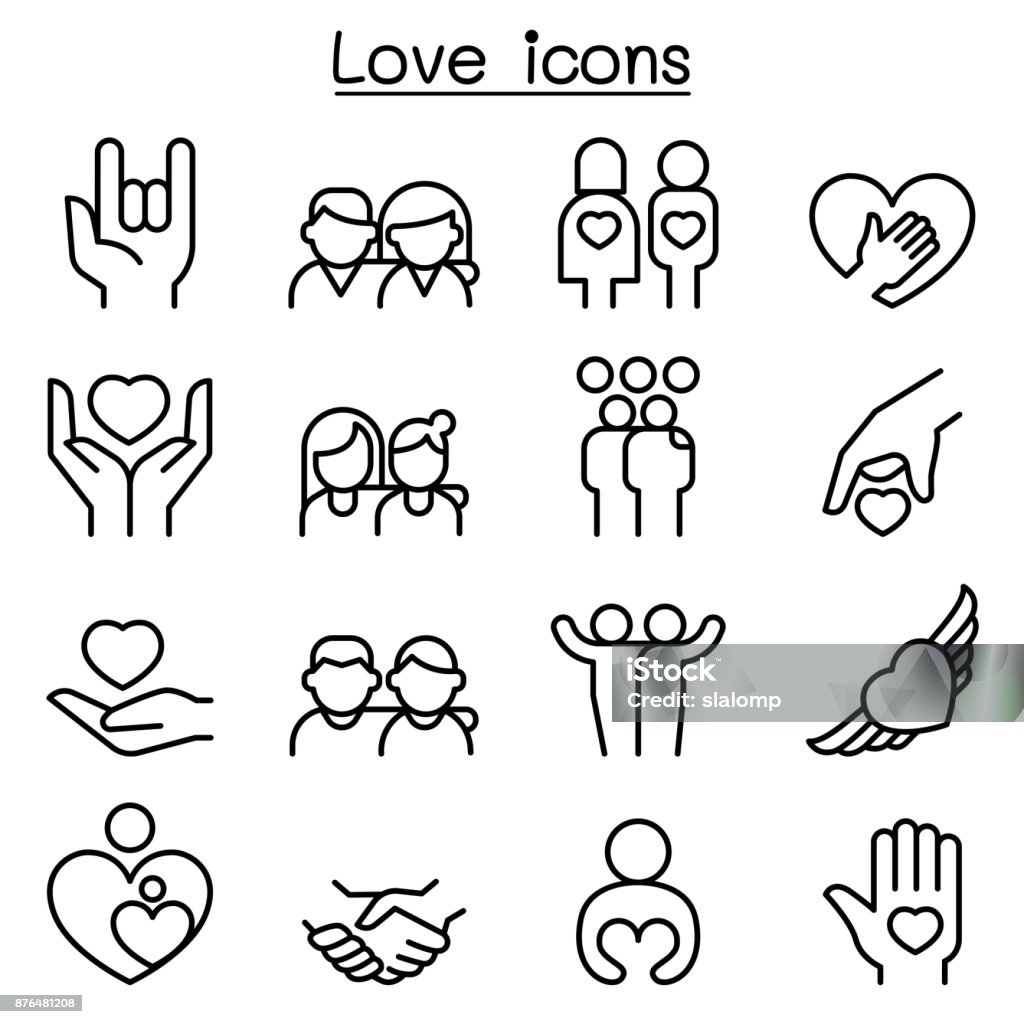 Love, Relationship, Friend, Family icon set in thin line style Friendship stock vector